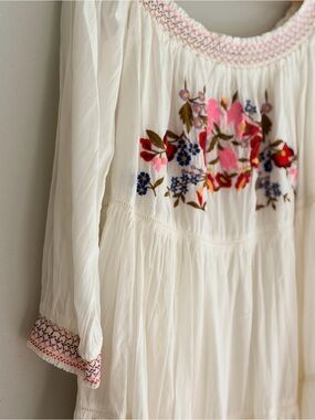 Free People Ivory Embroidered Floral Peasant Top Dress with Multicolor Stitching